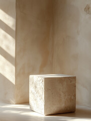 Concrete display podium against beige wall background. Product presentation.