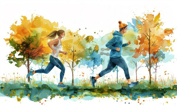 A vibrant autumn run through a colorful woodland path with two energetic joggers embracing the crisp air and beautiful scenery in the golden hour of the day