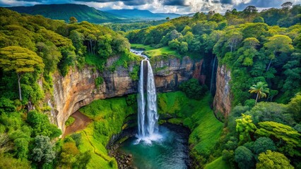 The aerial view showcases a breathtaking waterfall, shrouded by lush verdant cliffs and enveloped...