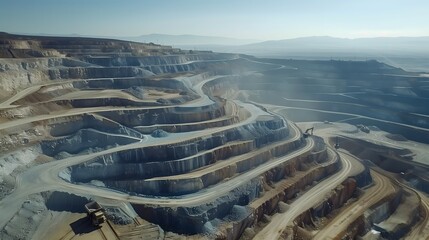 a wide-angle aerial photograph of an expansive rare earth mineral mine, showcasing the vast scale and complexity of the mining operation