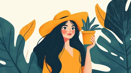A chic woman dons a yellow hat, cradling a potted plant amidst vivid foliage, showcasing her love for nature.