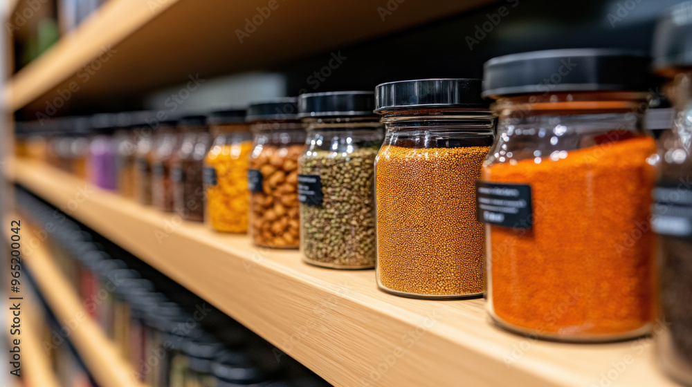 Poster a shelf of a row of jars filled with spices and other items, ai