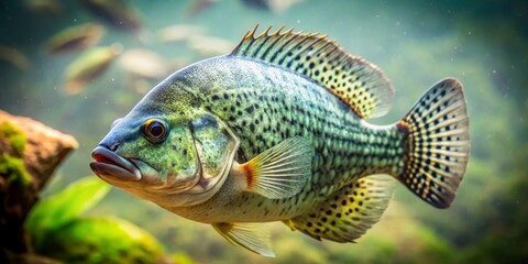 Fototapeta premium The crappie's scales glint in the light, its fins rigid and still, as its piercing eyes seem to
