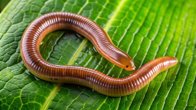 The elongated, parasitic worm inches its way across the leaf's green expanse, its flat body undulating sinuously as