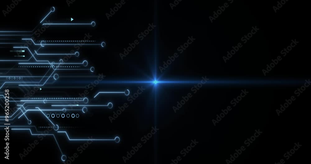 Poster animation of computer circuit board over light trails on black background