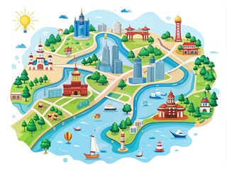 Vibrant illustration of Guangzhou city map in China, highlighting major landmarks, waterways, and roads, with colorful icons and subtle gradient effects on a white background.