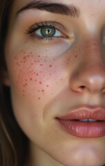Fototapeta premium Closeup portrait of a woman with acne on face, vertical orientation.