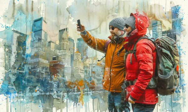 Adventurous explorers capturing memories against the backdrop of a vibrant city skyline during a chilly winter day filled with artistic watercolor effects