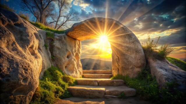 The heavy stone door creaked open, releasing a brilliant beam of light that pierced the gloom, heralding Christ's