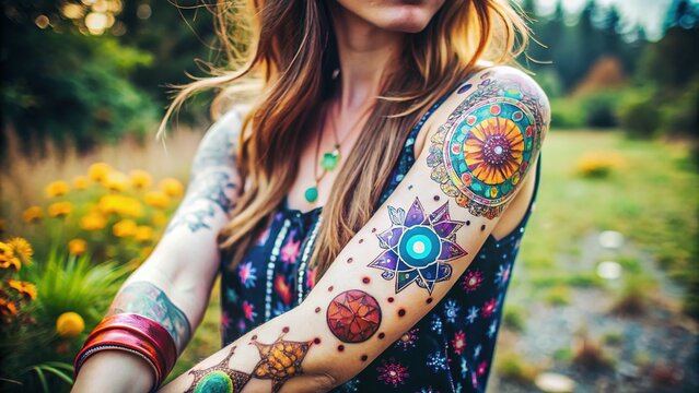 Vibrant, intricately designed astrological symbol tattoos adorn a young adult's arm, showcasing their zodiac sign identity and personal style in a contemporary, bohemian aesthetic.