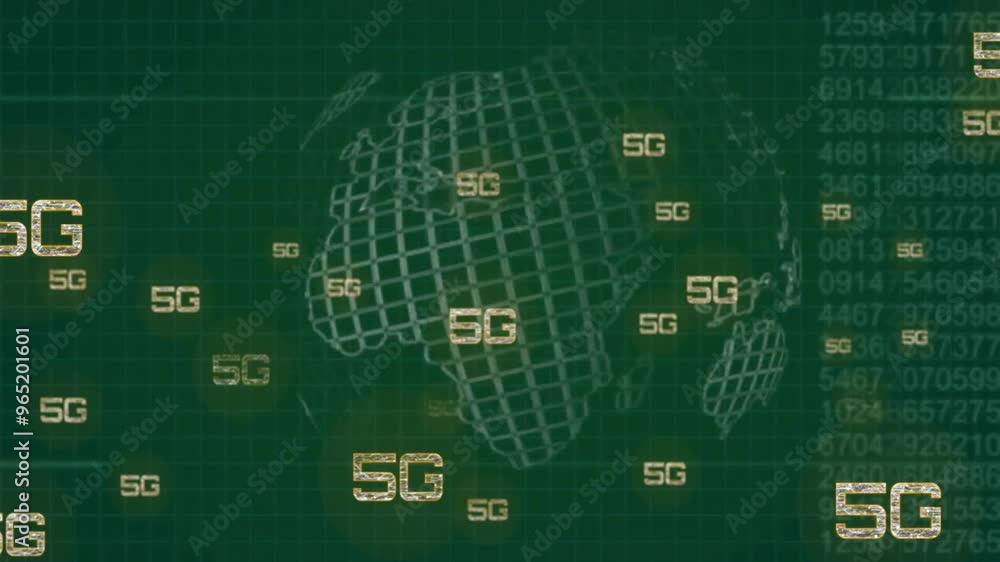 Poster animation of 5g and data processing over globe on green background