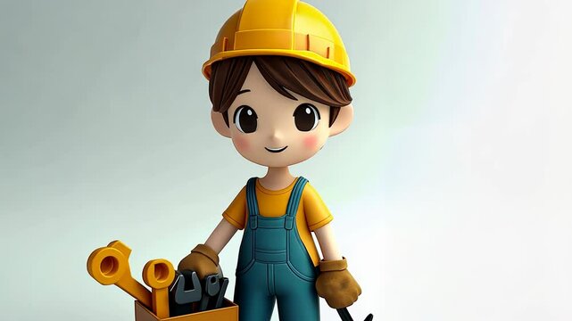 cartoon character workman with yellow hardhat, overalls and a toolbag