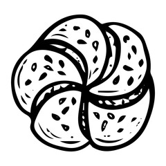 Bun with sprinkles hand drawn doodle. Baked pie. Bakery. Sweet food. Homemade pastry. Wheat dough bread. Sugar biscuit dessert. Vector sketch line art illustration.
