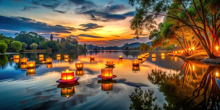 Vibrant lanterns float majestically on serene lake waters at dusk, surrounded by lush foliage, as warm golden light casts a peaceful atmosphere.