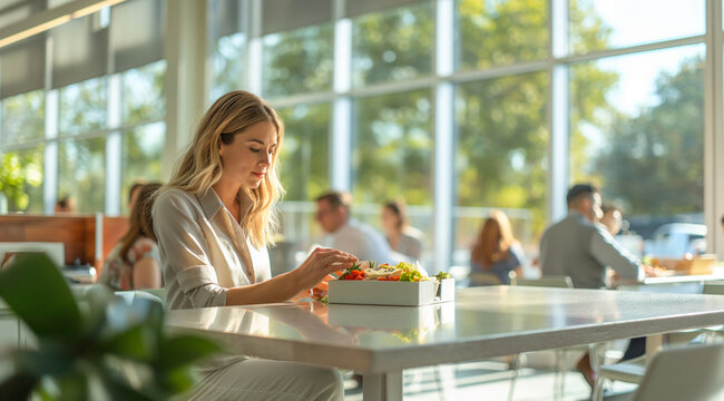 Woman in a bright, spacious dining room at a white table with a lunch box with space for text, created with Generative AI technology