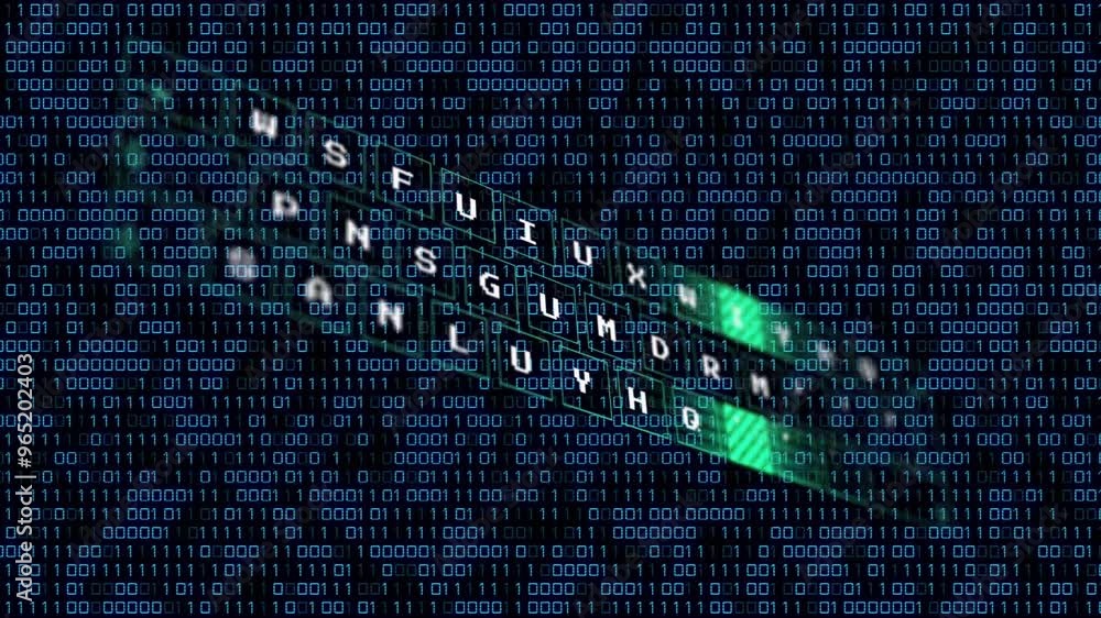 Poster animation of keyboard over data processing on black background