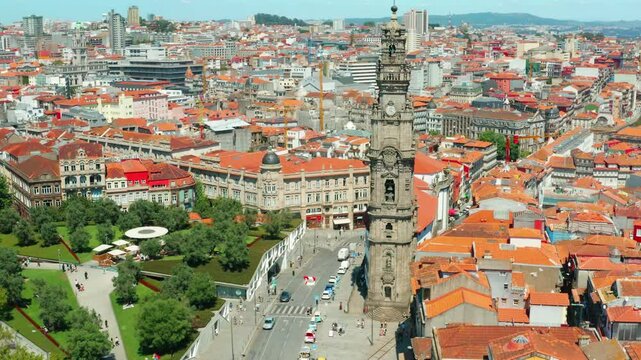 Torre dos Cl&eacute;rigos and City of Porto Seen From Aerial View