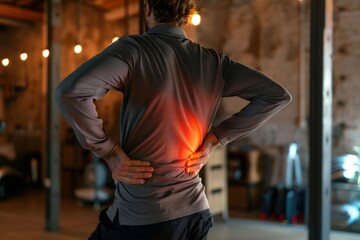 Back pain - man holding his lower back view. AI generative