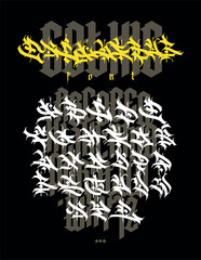 Graffiti style, English alphabet. Vector. Graffiti letters, tags and medieval Latin letters. Signs and symbols for design. Calligraphy, lettering and tags. Modern interpretation of Gothic.