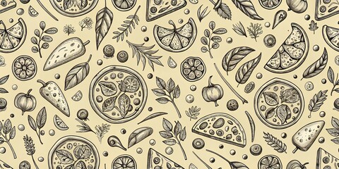 Naklejka premium Hand-drawn Black and White Pizza and Lemon Seamless Pattern on Beige Background, food, pattern, seamless ,