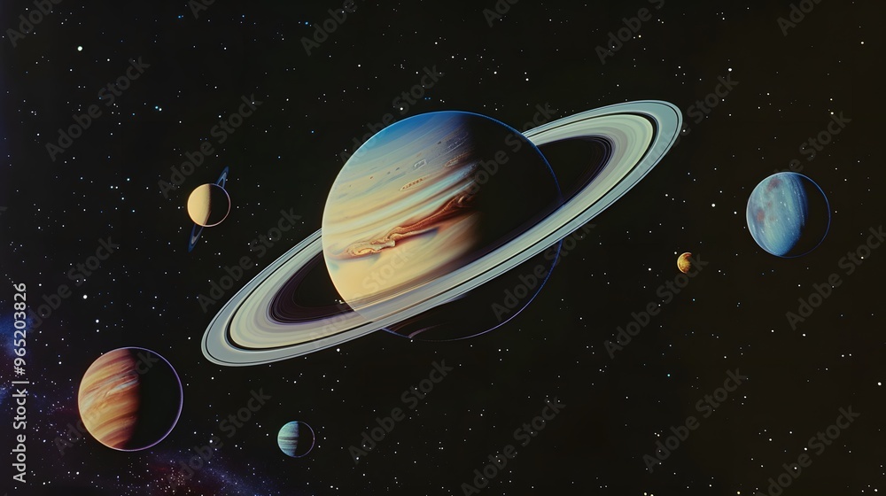 Poster a large planet with a ring system, surrounded by other smaller planets and stars in a dark sky.