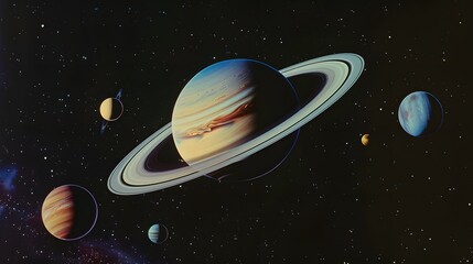 Naklejka premium A large planet with a ring system, surrounded by other smaller planets and stars in a dark sky.