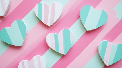 Romantic heart-shaped cutouts on a pink and turquoise striped background, creating a festive and loving decoration. 