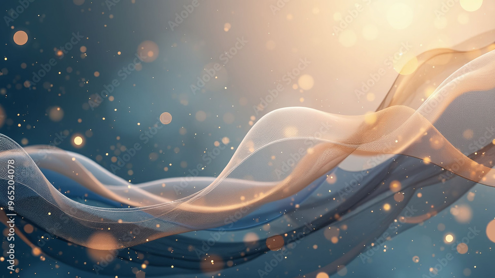 Poster ethereal waves of light: abstract flow with glowing particles on blue background
