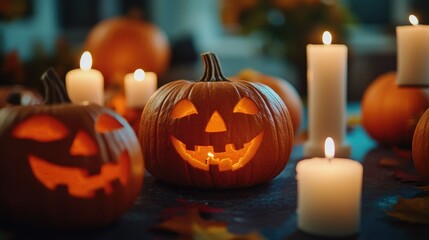 Fototapeta premium Halloween Pumpkins And Candles On Wooden.
