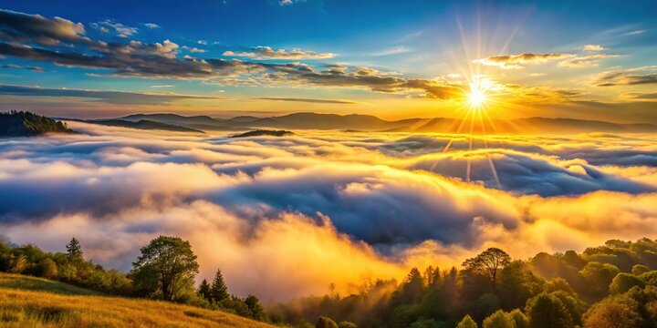 Vibrant warm light bursts over serene misty landscape, as golden sun rises above rolling hills, illuminating fluffy white clouds against a soft blue morning sky.