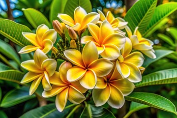 Obraz premium Vivid Yellow Champa Flowers With Intricate Petals Bloom Profusely On A Lush Green Bush
