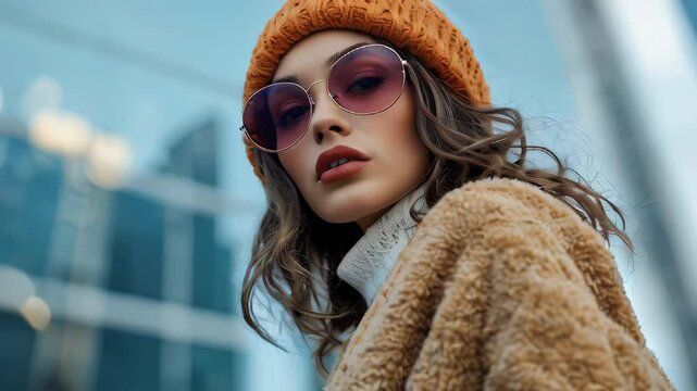 A stylish woman in a beige coat on the background of a winter city.