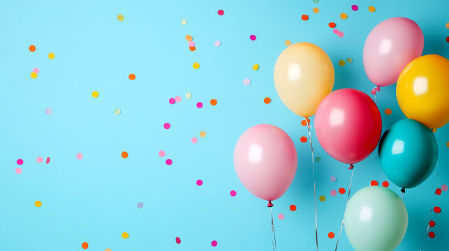 Colorful balloons with confetti on a bright blue background, perfect for celebration themes and festive occasions.