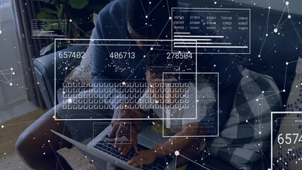 Animation of connections and data processing over african american father and son using laptop - Powered by Adobe