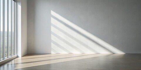 Fototapeta premium Minimalist Room with Sunlight Streaming Through Window, White Wall, Wooden Floor, Light, Shadow, Empty Room, Interior Design