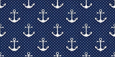 Nautical Anchor Pattern on Blue Fabric with White Dotted Background, Anchor, Nautical, Pattern