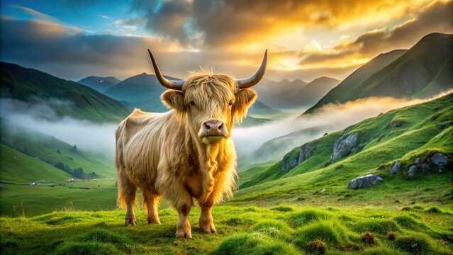 Yellow yak with shaggy coat and curved horns stands majestically in lush green meadow surrounded by rolling hills and misty mountains at dawn.