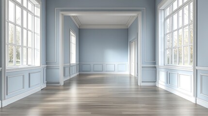 Fototapeta premium Spacious interior with minimalist luxury, oak floors, and blue walls.