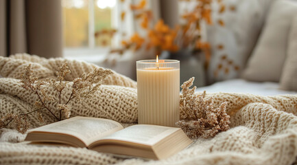 Aroma candle, open book on a beige blanket on a light background, created with Generative AI technology