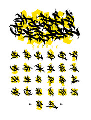Graffiti letters, alphabet. Graffiti, tags in Gothic medieval style. Signs and symbols for design. Calligraphy, lettering and tags. Modern interpretation of the ancient font.