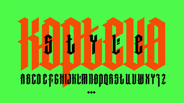 Full Latin alphabet in the Gothic style.  Letters and symbols on a green background. Calligraphy and lettering. Medieval Latin letters. Elegant font for tattoo. All letters are separate.