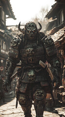 Fototapeta premium A samurai wearing menacing armor made from oni material, with a helmet, walking through an Edo period town during bright daylight