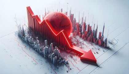 Red downward financial chart shown on a white background, highlighting market trends and financial crises. 3D Rendering