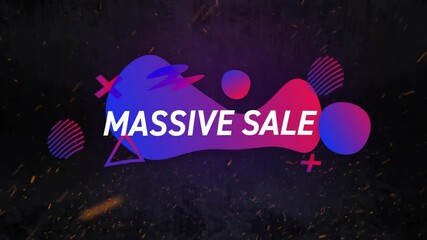 Animation of massive sale text with shapes over light spots on black background