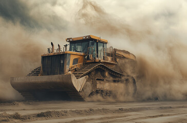 Massive Bulldozer Moving Earth in Dusty Construction Site - Heavy Machinery at Work
