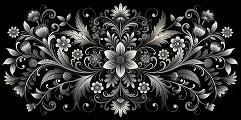 Fototapeta premium Silver Floral Design on Black Background, Floral Design, Flower Pattern, Black and White
