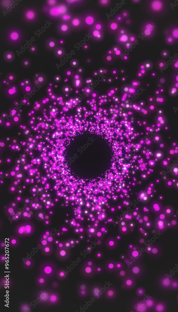 Poster vertical illustation of pink particles in a tunnel on a dark background - abstract background.