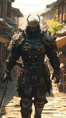 Obraz premium A samurai wearing menacing armor made from oni material, with a helmet, walking through an Edo period town during bright daylight