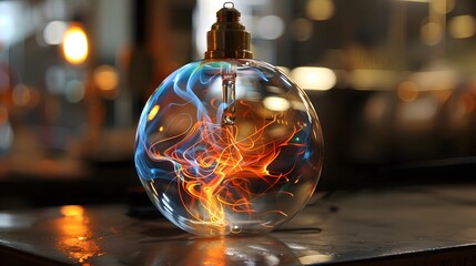 A glowing light bulb with a blue and orange plasma inside, on a dark background.