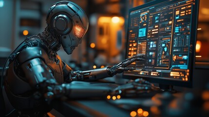 Fototapeta premium Futuristic AI robot working at a computer station in a high-tech environment, interacting with advanced digital systems and data interfaces, showcasing artificial intelligence technology